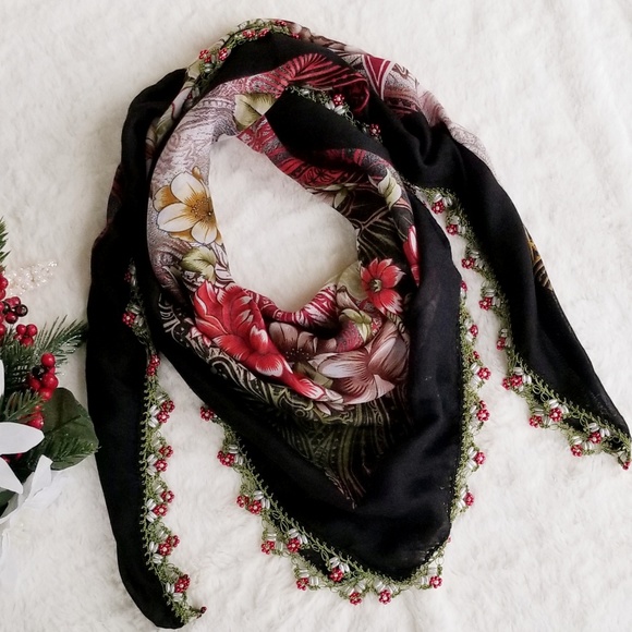 Accessories - Exotic Hand Made Beaded Needle Lace Floral Scarf